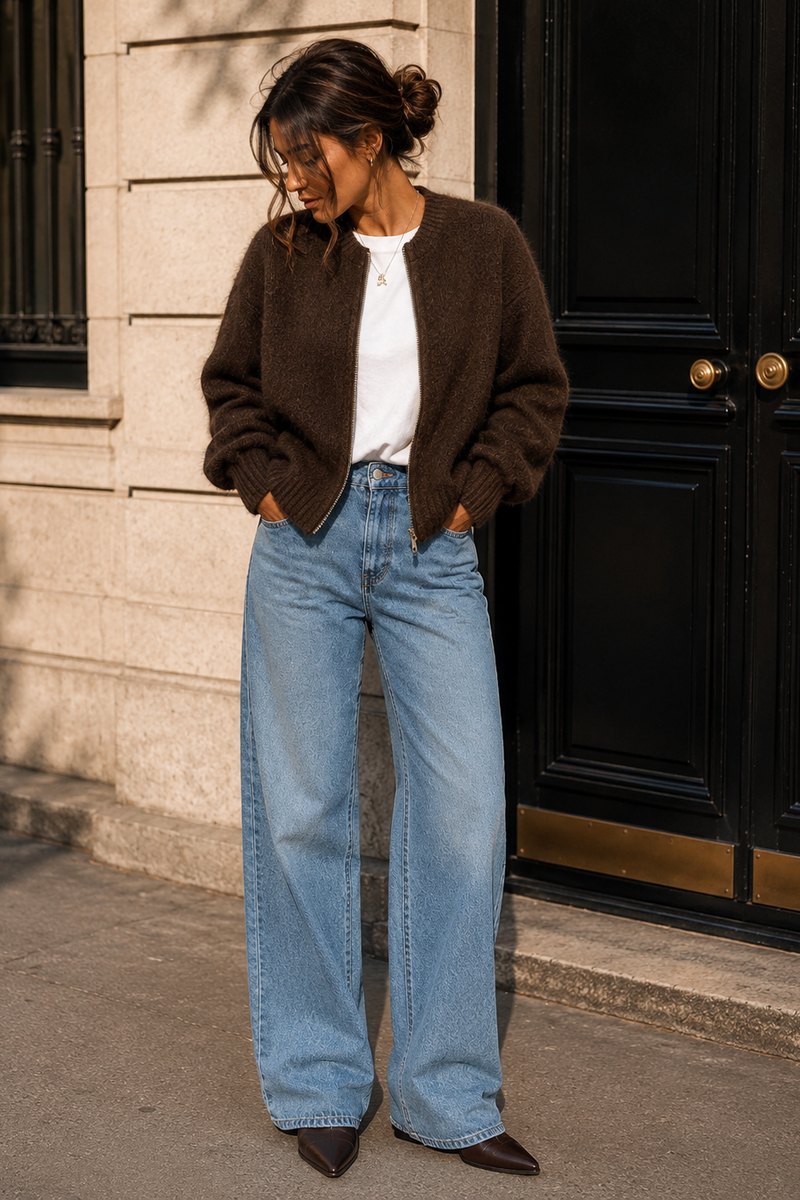 Gilet mohair zippé femme en 40% kid mohair, 30% acrylique, 20% polyamide, 10% laine, porté en extérieur