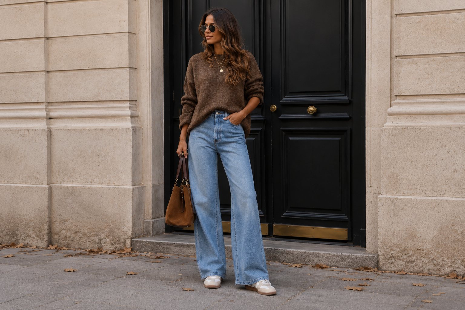 Femme portant un pull en maille brune et un jean large clair, devant une porte cochère parisienne