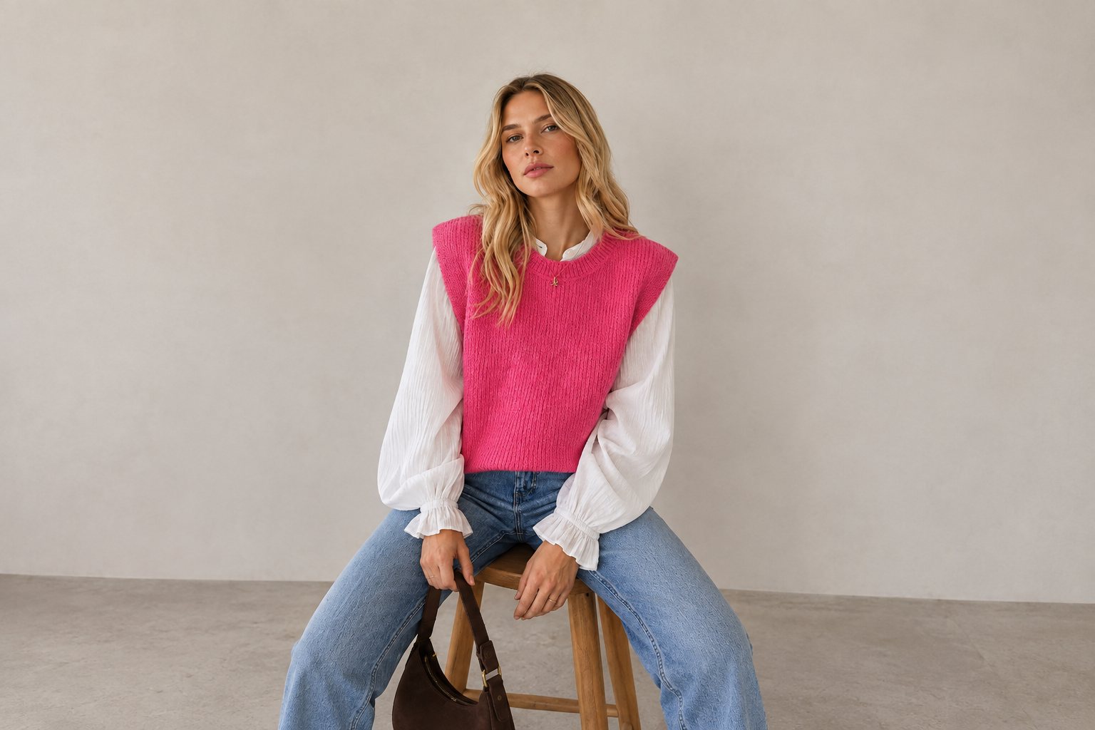 Femme portant un débardeur en maille rose sur une chemise blanche et un jean clair, en studio