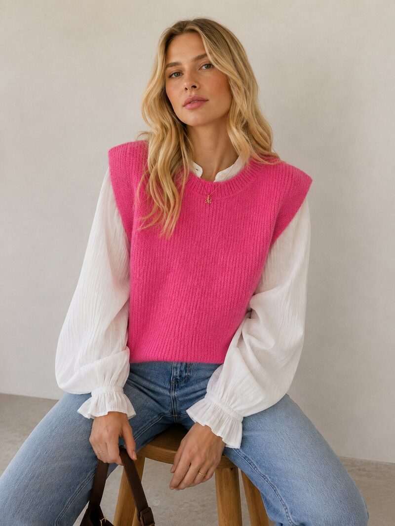 Pull sans manches en baby alpaga rose porté en ville